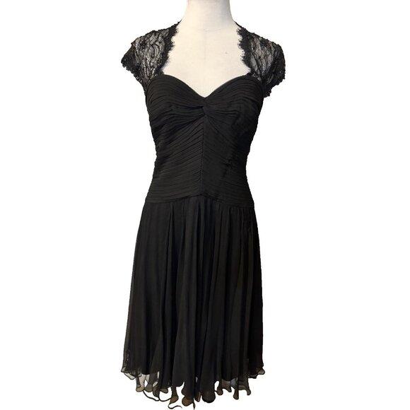 Tadashi Dress 14 Black Silk Flowy A Line Cap Lace Sleeve Wedding Party Cruise - Picture 1 of 15